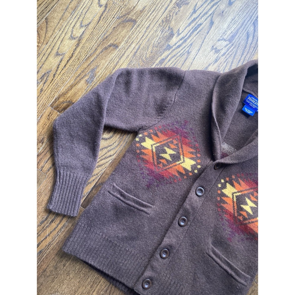 Pendleton Cardigan Sweater Womens XS Shawl Collar Aztec 100% Wool Chimayo Brown - Picture 2 of 9